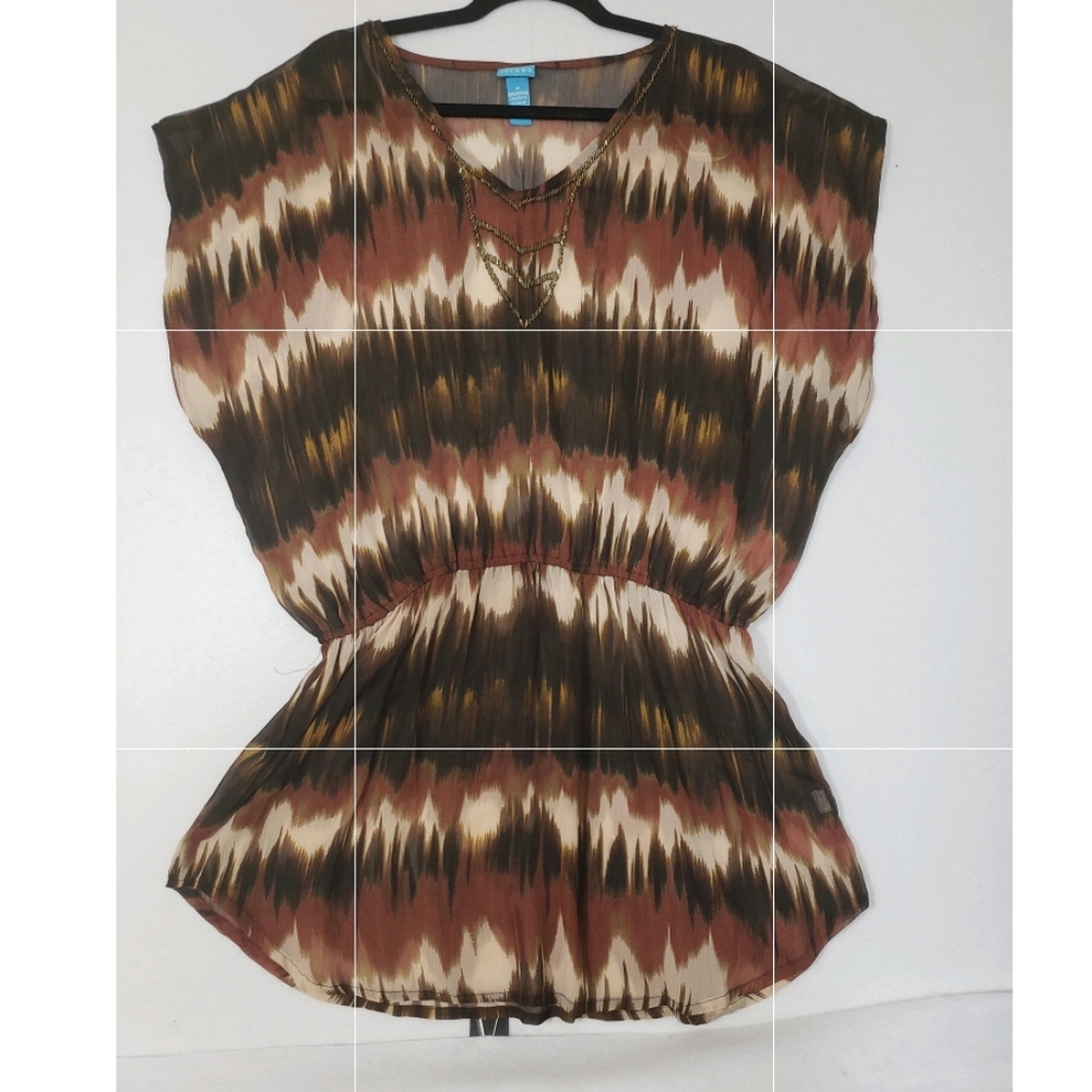 BLUE ISLAND Tunic WOMENS BROWN TIE DYE FLOWY BEADED SHEER Swimsuit Cover…